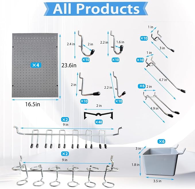 JZD Pegboard Wall Organizer with 116 Pcs Hooks Heavy Duty Metal Pegboard Kit with 1/4" Pegboard Hooks Accessories 4 Pack Metal Pegboard Kit 66" x 24" for Garage, Tool Storage,Craft Room