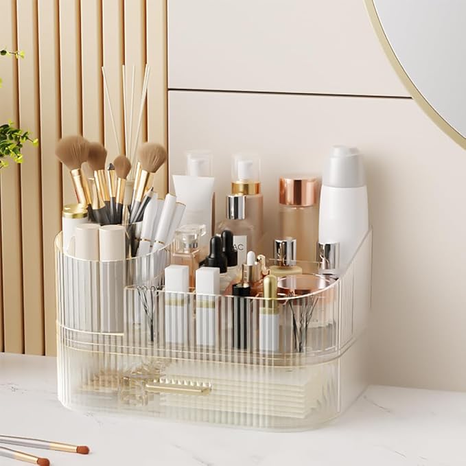 360° Rotating Makeup Organizer with Drawer, Clear Acrylic Cosmetic Storage Display, Stackable Beauty Counter (Clear, Large (Tray + 1 Drawer))