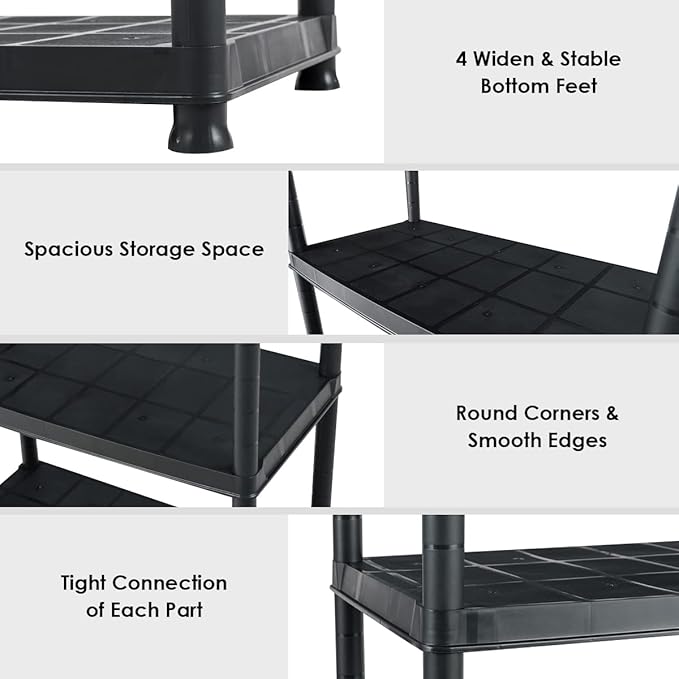 IRONMAX 5-Tier Garage Shelving Unit, Plastic Storage Rack with 4 Wall Brackets, Heavy Duty Shelf Organizer for Indoor and Outdoor, Black (1, 36”L X 18”W X 73”H)
