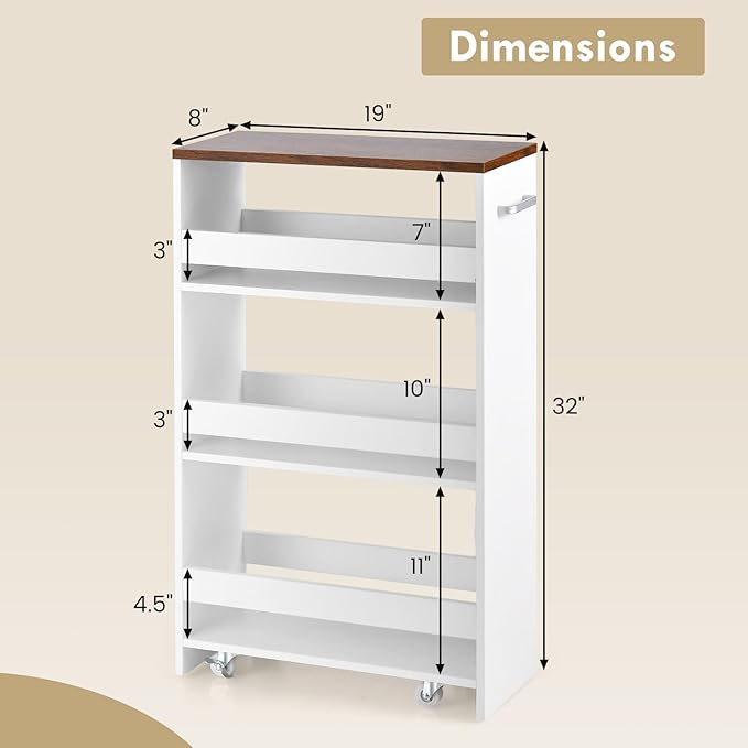 LOKO 4-Tier Rolling Storage Cart, 8 Inches Slim Kitchen Cart on Wheels with Open Shelves & Handle, Laundry Room Cart Between Washer and Dryer, for Bathroom Next to Fridge (White & Rustic Brown)