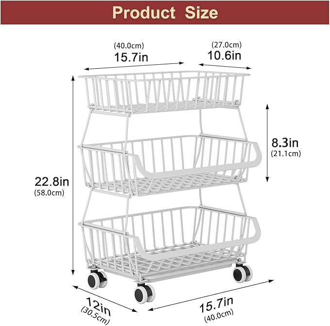 3-Tier Rolling Pantry Cart with Wheels, Stackable Wire Storage Floor Organizer for Kitchen Pantry Snack Shelves, Fruit Basket Stand, Vegetable Storage Rack for Food Snacks Onion Potato, White