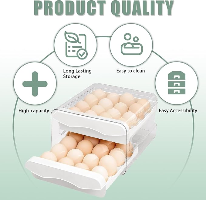 Refrigerator egg rack, egg container, egg storage box, double-layer transparent surface stackable, concave and convex handle kitchen storage organizer, bracket tray, refrigerator organizer (White)