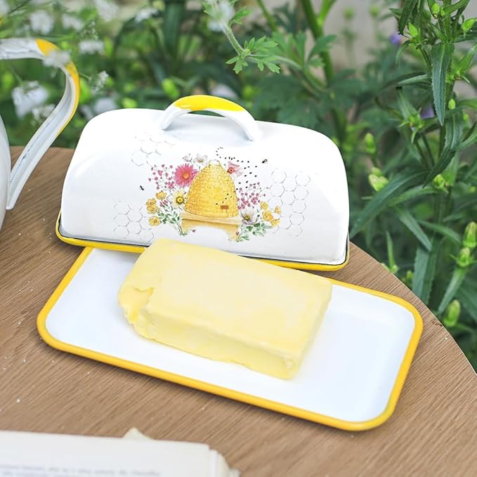 Enameled Farmhouse Vintage Butter Dish with Lid, 7.5 Inch Durable Kitchen Food Storage Container Rust-Resistant Refrigerator Safe,Vintage Decorative Design Kitchenware for Countertop