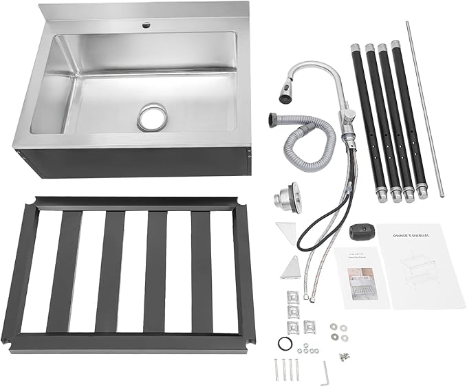 Stainless Steel Utility Sink, Free Standing Single Bowl Kitchen Sink with Pull-Out Cold/Hot Faucet, Storage Shelf & Splashback, Large Utility Sinks for Kitchen, Laundry, Garage 30.7"D x 22"W x 40.3"H