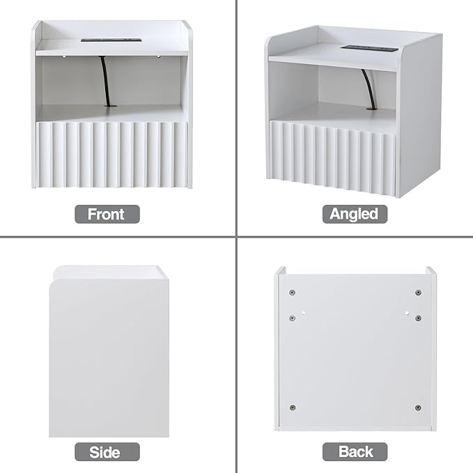 Modern Fluted Floating Nightstand Wall Mounted - Bedside Table with Storage Drawer & Display Shelf, Minimalist Bedroom Furniture for Studio Apartments (Matte White)