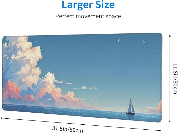 Blue Sky Ocean Large Mouse Pad, Anime Style Gaming Desk Mat, XL Keyboard Desk Pad Mat for Desktop, 31.5"x11.8" Non-Slip Base Big Mousepad with Stitched Edges