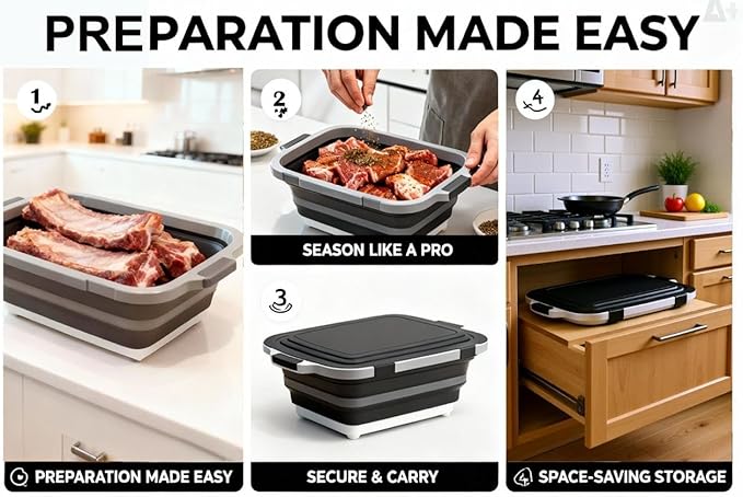 8L/16L BBQ Prep Tub with Cutting Board, Lid & Complimentary Mitts/Gloves – Collapsible Bucket for BBQ, Marinade, Picnic, Camping, Meat Prep – Orange/Black (Black, X-Large Lid Lock)