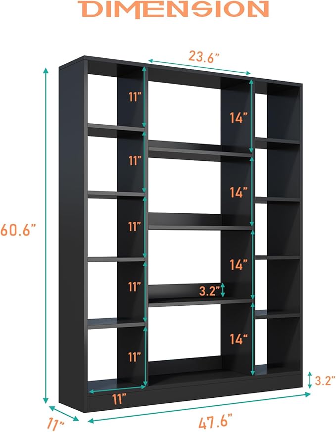 Cube Storage Bookcase with Base - Large Wooden Bookshelf with 10 Open Cubes and 4 Shelves for Home and Office, Freestanding Organizer, Black