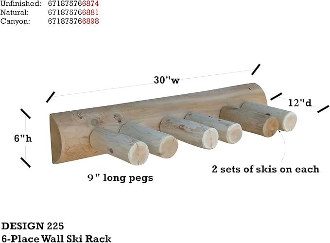 6-Place Log Ski Rack Wall Mount, Indoor Ski Storage Rack for Garage Organizers, Wooden Skis Wall Mount Storage Racks, Pole Skis Sports Racks, Garage Organization Walls - Unfinished