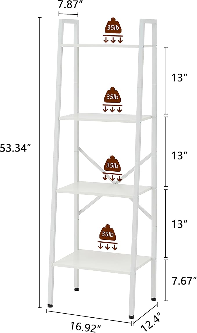 Hoctieon 4-Tier Industrial Ladder Bookshelf, Narrow Ladder Shelf, Tall Standing Bookshelf, Skinny Open Ladder Shelf, for Living Room, Home Office, Kitchen, Bedroom, Metal Frame, White