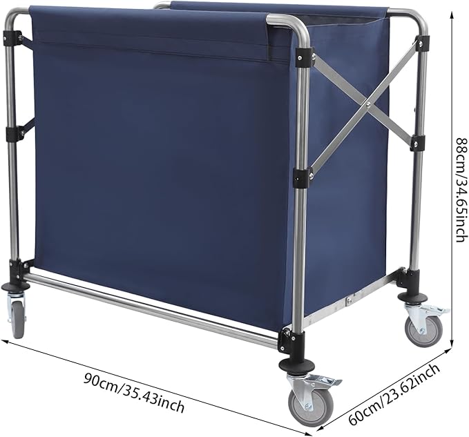Commercial Laundry Cart with Wheels,Folding Laundry Hamper Cart,Heavy Duty Rolling Laundry Basket with Large Capacity,Laundry Sorter Trolley for Home Hotel Apartment (Blue, 35.43 * 23.62 * 34.65in)