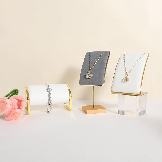 GemeShou Grey velvet necklace display stands for selling, small metal jewelry organizer necklaces storage for show【Grey】
