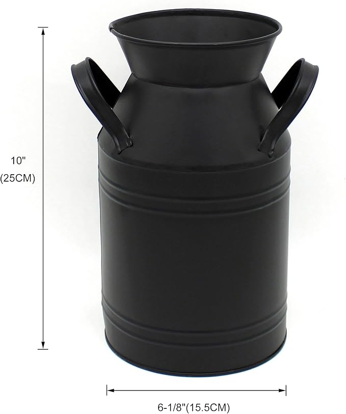 CVHOMEDECO. Farmhouse Galvanized Metal Milk Can, Old Rustic Primitives Jug Vase for Home and Garden Décor. Black