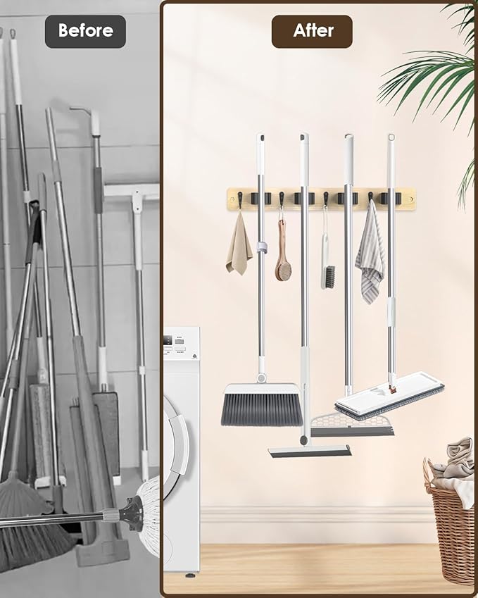 Broom Holder Wall Mounted, Light Wood 4 Holders and 4 Hooks Mop Holder, Wooden Mop and Broom Holder with Anti slip rubber, Natural pine wood Brush Holder, Mop Wall Holde with Nail installation