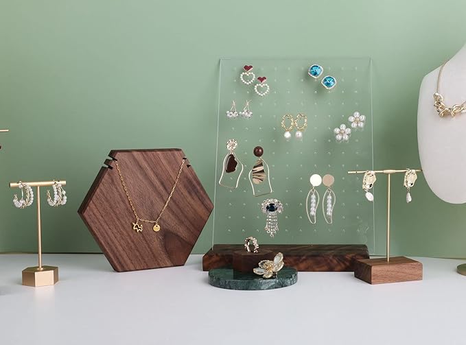 GemeShou walnut earring display for selling jewelry, wooden earring holder for studs display, small jewelry studs display board for show【Wood stand with acrylic board-Walnut】