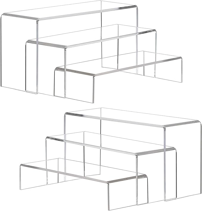 ANDGOO Large Acrylic Display Risers, 2 Sets(11.2”L~11.6”L~12”L) Clear Rectangular Showcase Collectibles Display Shelf, Retail Desktop Risers Display Stand for Organize and Decoration