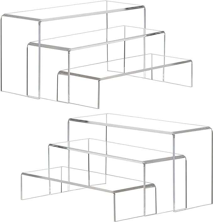 ANDGOO Display Risers, 6 Pcs(7.9”L~8.3”L~8.7”L) Rectangular Clear Acrylic Showcase Collectibles Display Stands Suitable for Retail Shoe Showcase Jewelry Funko Pop Figures