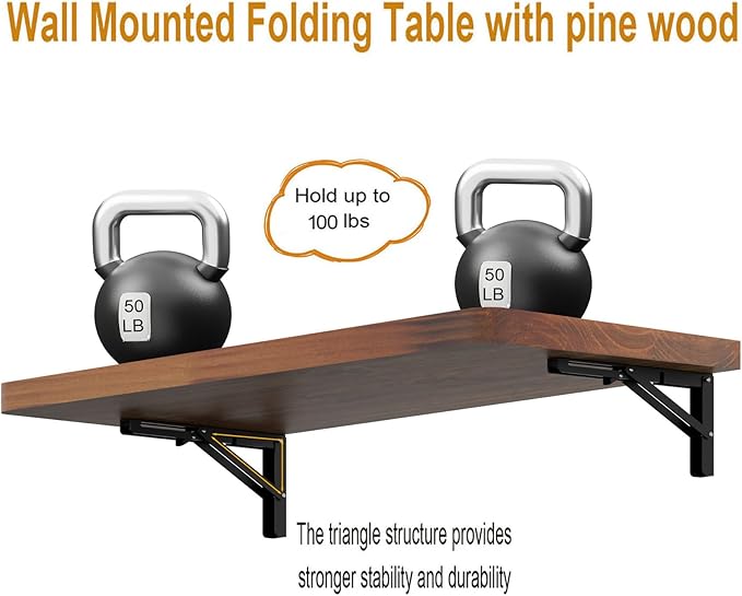 IAE Wall Mounted Folding Table with Pine Wood,Floating Wall Desk,Laundry Folding Table with Shelf Brackets,Fold Down Desk Shelf,Folding Workbench for Home,Dining,Laundry Room,Kitchen,36" x 14",Teak