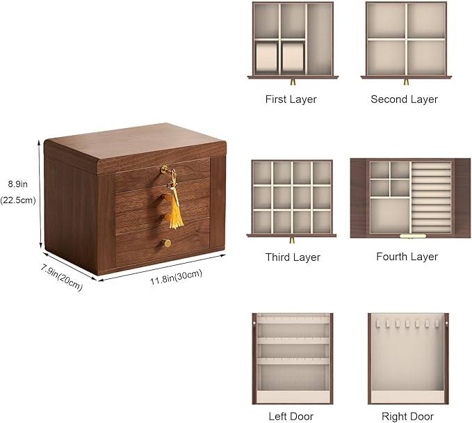 CHOSIN Black Walnut Wooden Jewelry Box, 4-Layer Lockable Wood Jewelry Organizer with Mirror, Side Doors & Brass Handle, Classical Design for Rings, Necklaces, Earrings, Watches, Christmas Gifts