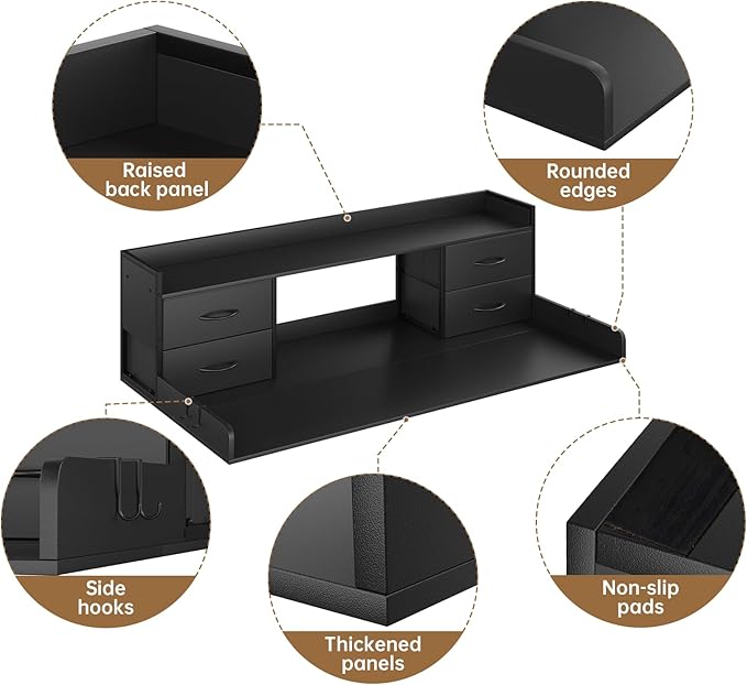 4 Drawers Washer Dryer Countertop with Shelf, 27.5" D x 54" W Laundry Topper with 3.54" High Guardrails and Non-Slip Pads,Extra Storage Organizer for Over Washer and Dryer, Holds 66 Lbs, Black