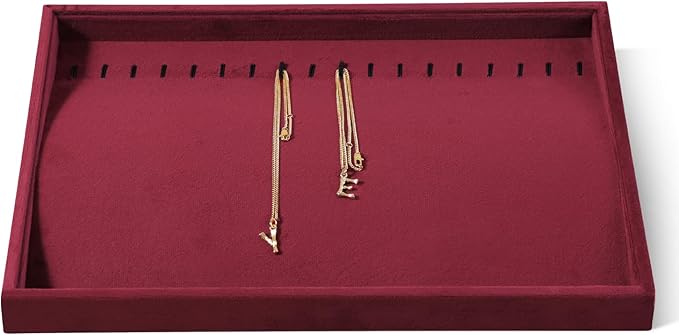 Velvet Jewelry Display Tray For Bracelet Pendant Necklace, Multi-Slot Stackable Storage Tray For Long Chain Jewelries, Drawer Insert Jewelry Organizer (Red)