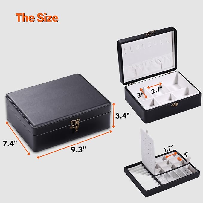 LAMOTI 2-Layer Jewelry Box for Women, Floating Effect Leather Jewelry Organizer with Detatchable Tray for Rings, Earrings, Necklaces & Bracelets (Black)