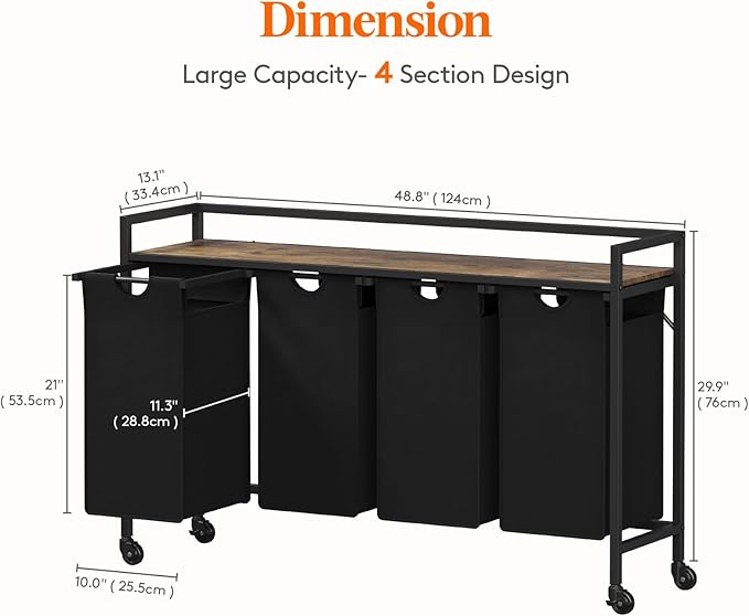 Lifewit Laundry Hamper 4 Section, 168L Pull out Laundry Clothes Basket Organizer with Large Top Shelf and 4 Removable Bags and Handles for Laundry Room Bedroom Bathroom, Black with Wheels