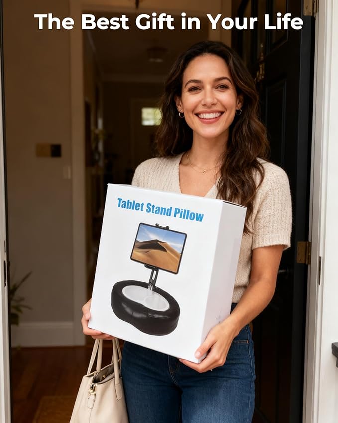 Tablet Pillow Stand with Storage Liner - Leatherette, Stable Support for 6.1-15.6 Inch Devices, Waterproof & Foldable for Sofa/Bed/Floor, Fit Thickness Case for iPad Pro/Air/Mini, Galaxy Tab