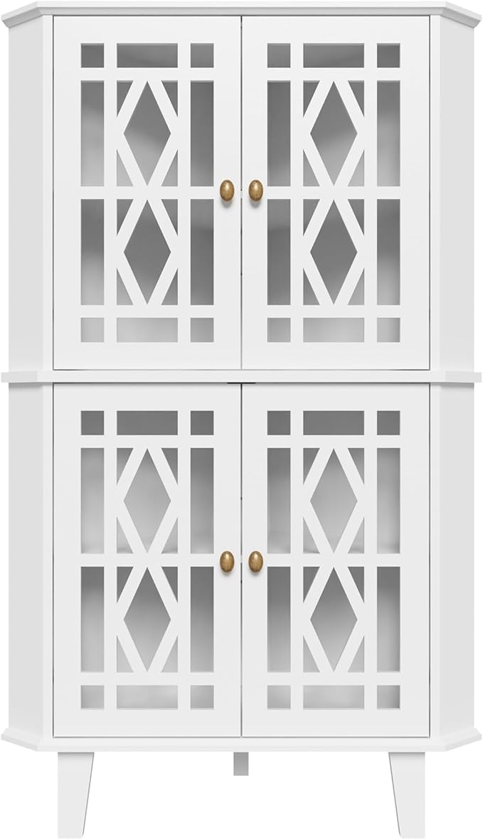 Scurrty Tall Corner Shelf Stand, Large Shelf Corner Table Sideboard Cabinet with 4 Doors and 4-Tier Shelves, Free-Standing Storage Organizer for Living Room, Dining Room & Bathroom (White)