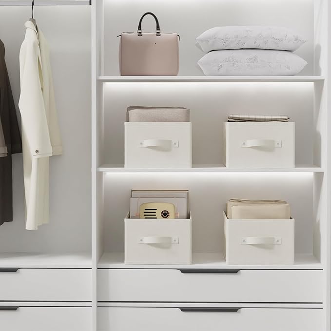 Fabric Storage Boxes for Shelves, 3 Pack Foldable Cloth Bins, Closet Organizers System with 2 Handles, Durable and Sturdy, Saving Space, Beige, 16.1 x 9.8 x 6.5 In, XSNY11BEM-3