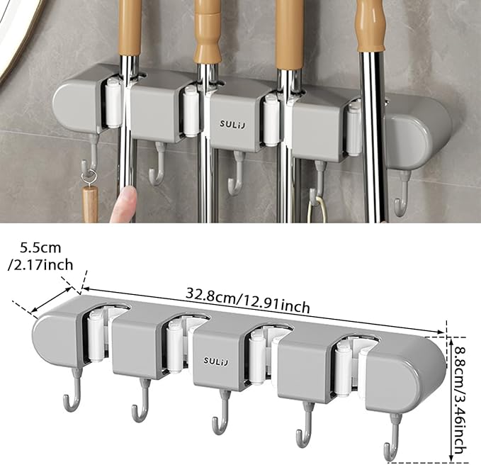 3PCS Broom Holder Wall Mount, No-Drilling Self-Adhesive Mop and Broom Storage Rack (4 Racks with 5 Hooks),Wall-Mounted Broom Hanger for Bathroom, Kitchen, Closet, Garage, Grey