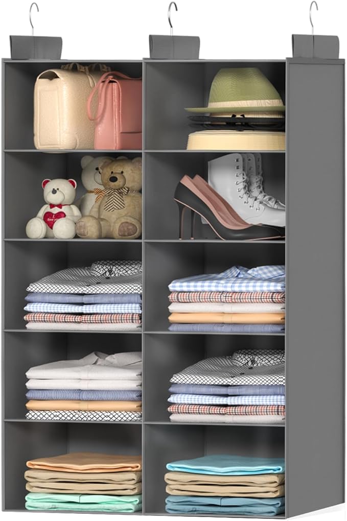 5 Shelves Hanging Closet Organizer – Foldable Dual-Row Hanging Clothes Storage with 3 Hooks, Space-Saving Closet Organizer and Storage for Sweater and Hats, Ideal for Dorms and Bedroom, Grey