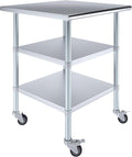 AmGood Stainless Steel Work Table with 2 Shelves and Casters | Metal Utility Table On Wheels (Stainless Steel Work Table with 2 Shelves + Casters, 30" Long x 30" Deep)