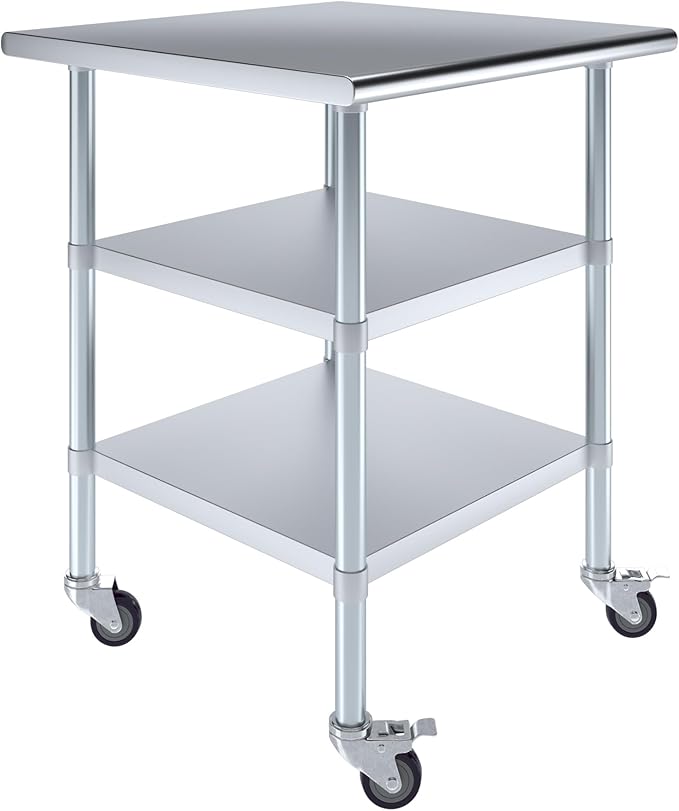 AmGood Stainless Steel Work Table with 2 Shelves and Casters | Metal Utility Table On Wheels (Stainless Steel Work Table with 2 Shelves + Casters, 30" Long x 30" Deep)
