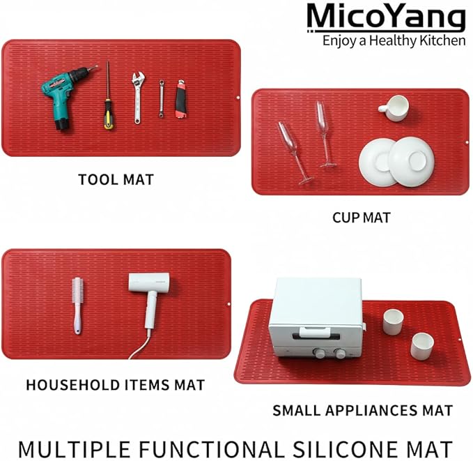 Silicone Dish Drying Mat for Multiple Usage,Easy clean,Eco-friendly,Heat-resistant Silicone Mat for Kitchen Counter or Sink,Refrigerator or Drawer Liner Red 5XL 36inches x 18inches