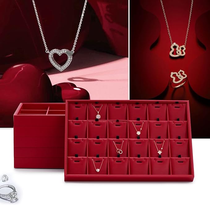 Oirlv Gorgeous Red Leather Ring Organizer Tray Jewelry Display Tray Stackable Jewelry Organizer Plate