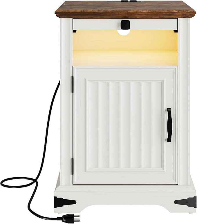 IRONCK Farmhouse Nightstand with Charging Station and LED Light, Wood Side Table with Storage Cabinet & Open Shelf，Bedside Table with Pull-Out Shelf for Bedroom, White