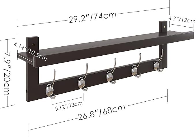 SMIBUY Coat Hooks with Shelf Wall-Mounted, 29.2 Inch Entryway Coat Rack for Wall, Bamboo Hanging Shelf with 5 Double Metal Hooks for Bathroom, Bedroom, Kitchen, Living Room, Mudroom (Dark Brown)