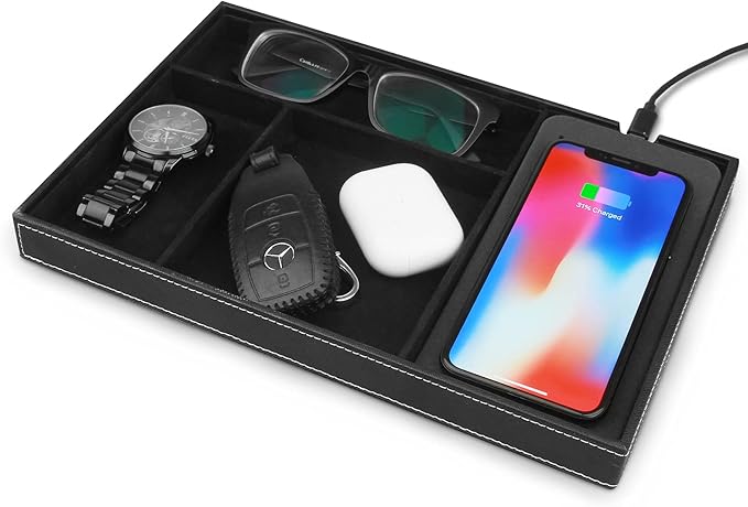TopMade Valet Tray with Wireless Charging Pad Nightstand Organizer, Leather Desktop Storage Dresser Organizer Charging Station, Jewelry Box Catchall Bedside Vanity Tray for Men Women(Black)