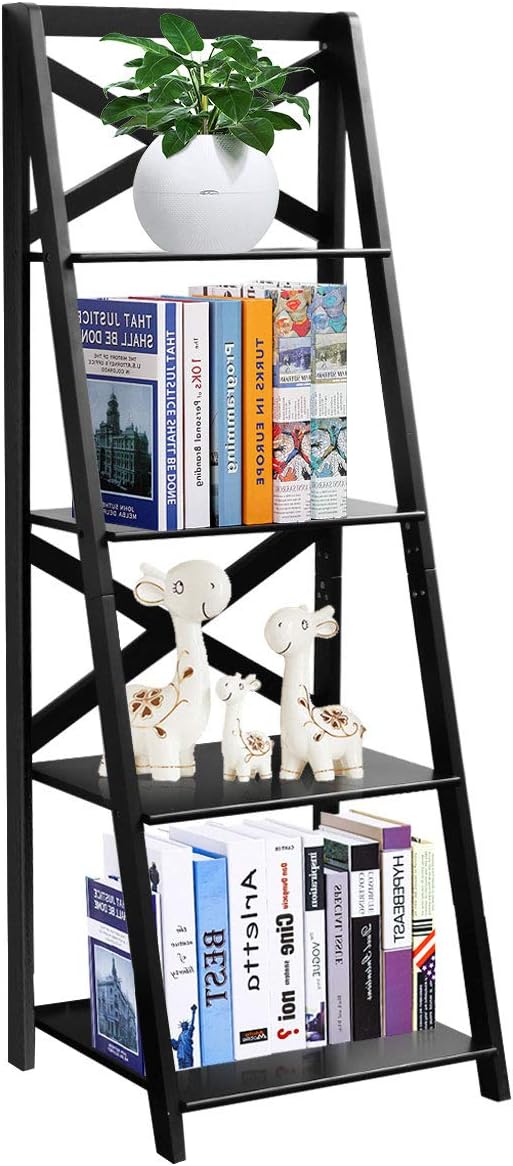 Tangkula 4-Tier Ladder Shelf Bookcase Leaning Free Standing Wooden Frame Decor Bookshelf Storage Flower Shelf Plant Display Shelf for Home Office (1, Black)