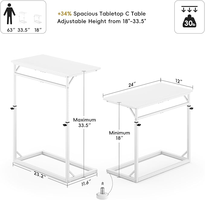Vagusicc C Shaped End Table, Tall Side Table for Couch, C-Table End Table Adjustable Height Side Table, Large Surface Sofa Table TV Tray, Slide Under Couch Table for Sofa, Living Room, Bedroom, White