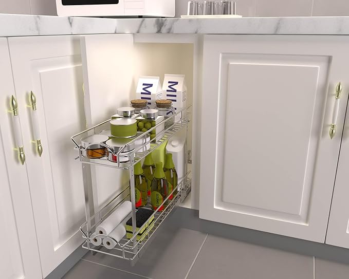 OCG Slide Out Cabinet Organizer for Narrow Cabinet (5" W X 17" D), 2 Tier Pull Out Shelves Slim Sliding Cabinet Organizer and Storage, Chrome