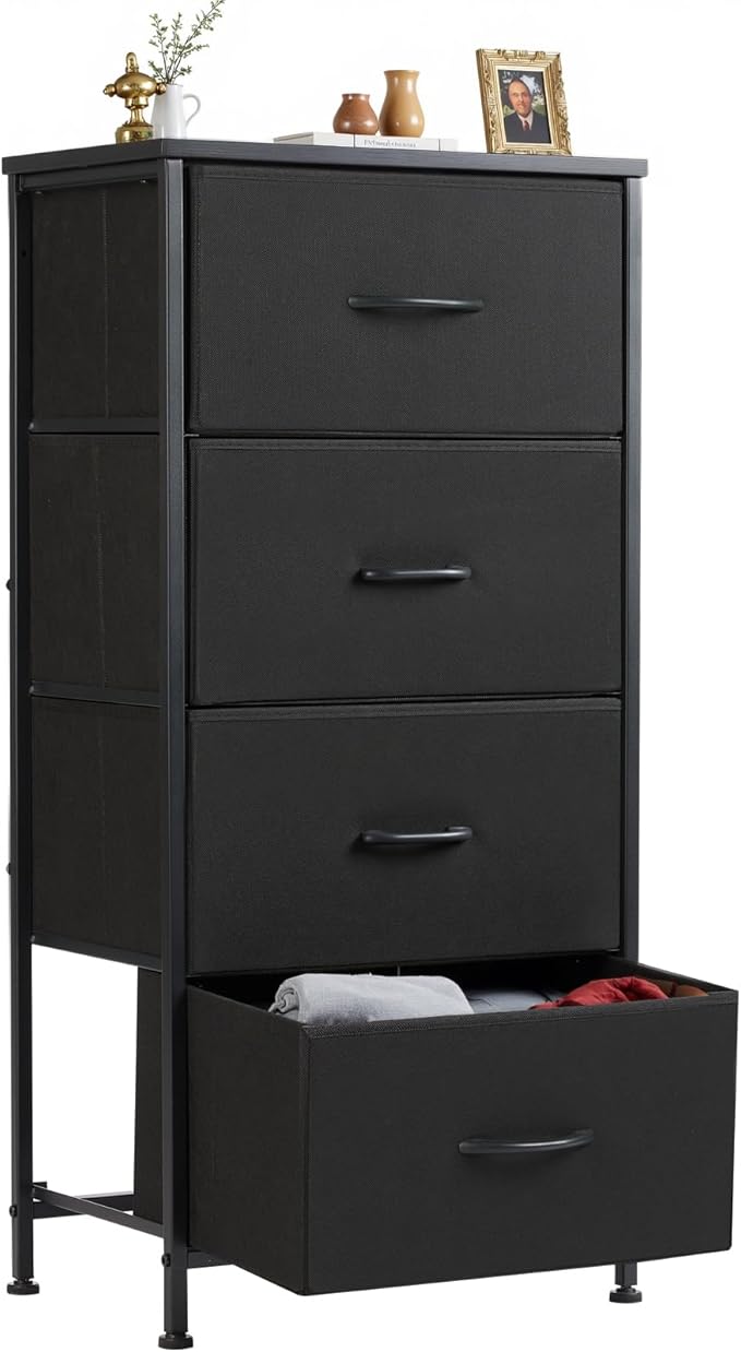 Sweetcrispy Nightstand Small Bedroom Dresser with 4 Fabric Drawers, Bed Side Furniture End Table, Wooden Top Cabinet Night Stand Dresser for Closet, Entryway, Dorm, Black