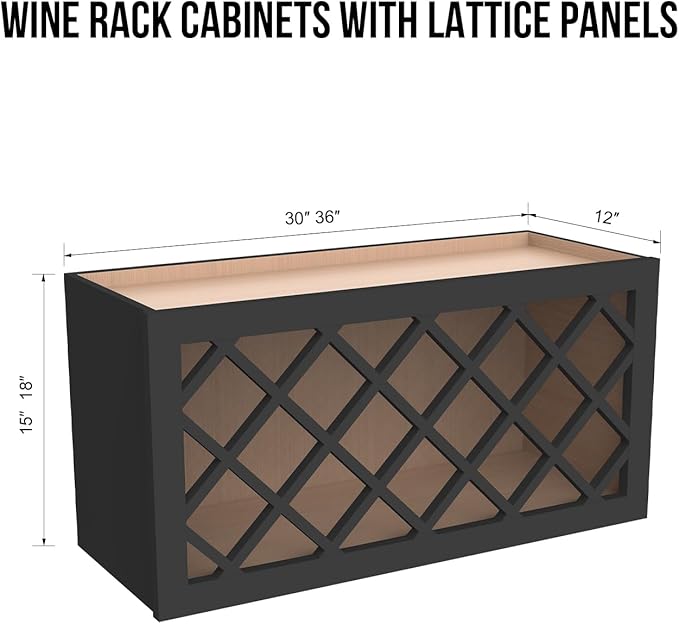 Solid Wood Mocha Wine Bottle Rack Wall Cabinet with Lattice Panels, Wine Storage for Bar, Pantry, Cellar & Basement - 30'W 12'D 18'H (Charcoal Black)