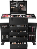 Cosmetic Train Case,Makeup Organizer Travel Case with Multiple Compartments,Rolling Makeup Case,Professional Makeup Casewith Wheels for Make-up Artists,66Lbs Load-Bearing (Black-6 Wheels)