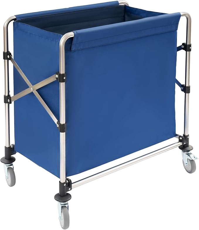 Commercial Laundry Cart with Wheels,Folding Laundry Hamper Cart,Heavy Duty Rolling Basket with Large Capacity,Sorter Trolley for Home Hotel Apartment (Blue, 34.25 * 19.7 * 36.22in)