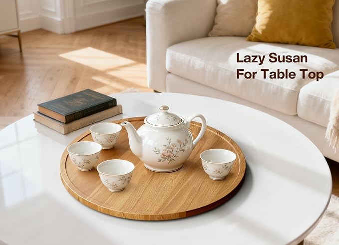14" Acacia Wood Lazy Susan Turntable Organizer for Table Top, Round Wooden Lazy Susan Storage for Cabinet Countertop Pantry, Decorative Tray for Kitchen Bathroom Decor Coffee Bar Accessories