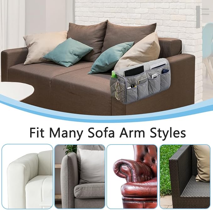 Sofa Armrest Organizer Non-Slip Arm Chair Bedside Caddy Storage Organizer for Recliner Couch with 14 Pockets for Cell Phone TV Remote Control Magazines (Grey)