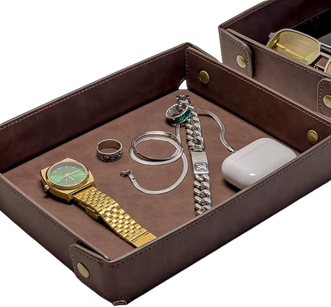 LLmoway PU Leather Valet Tray Nightstand Desk Organizer for Men Women Home Office Phone Watch Jewelry Glasses Keys Coins Storage