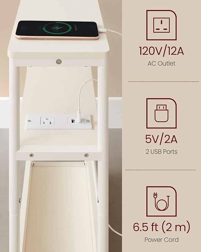 VASAGLE Side Table with Charging Station, Narrow End Table, 3-Tier Nightstand, Sofa Table for Small Spaces, Magazine Rack, for Living Room, Bedroom, Study, Cream White ULET335W01